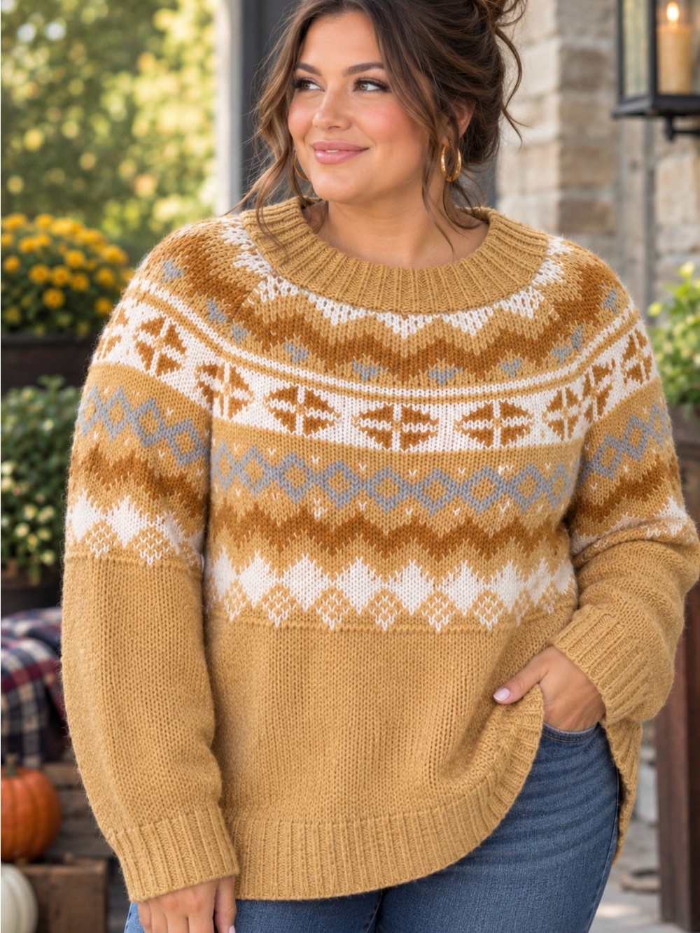 easel Mustard Fair Isle Crewneck Sweater with White & Gray Accents